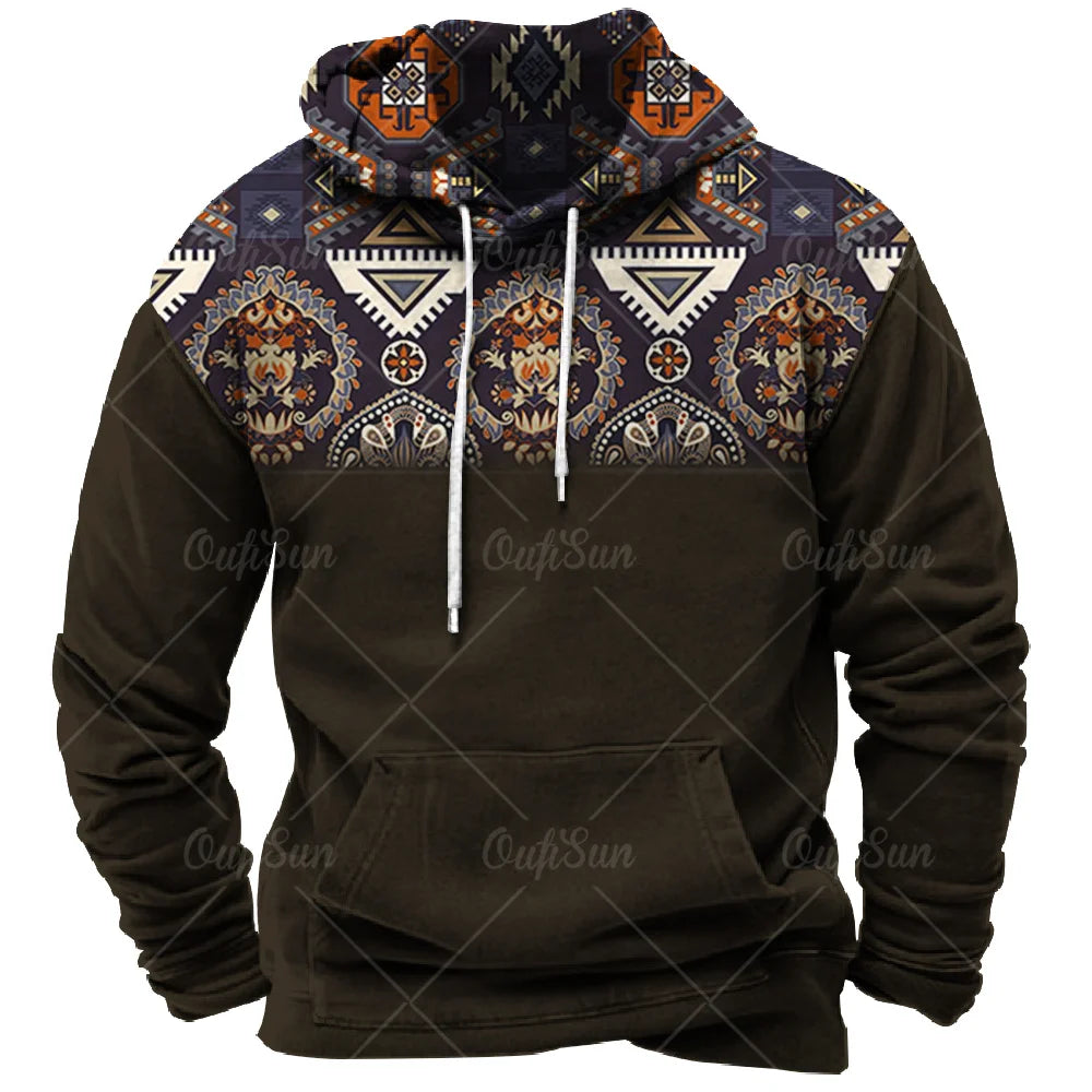 Men Hooded Vintage Print  Sweatshirt Ethnic Style Hoodie Autumn and Winter Oversized Casual Men's Clothing Daily Street Pullover