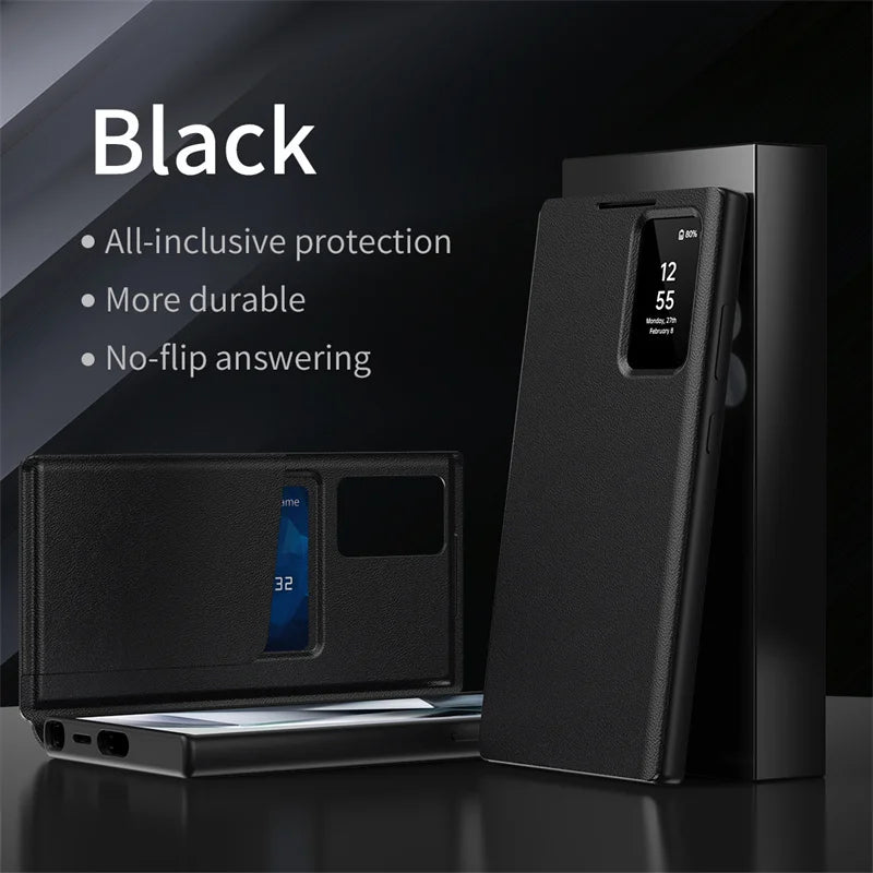 For Samsung Galaxy S25 S23 S24 S26 Ultra S25Plus Case Original PU Leather Card Pocke Flip Smart Display Transparent Window Cover
