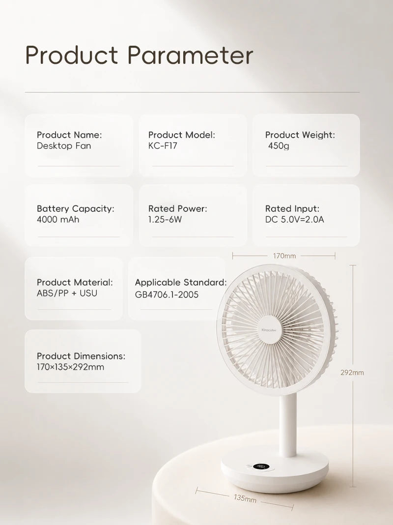 BLDC Oscillating Desktop Fan 4000mAh 5 Wind Speeds Silent Portable Rechargeable Fan with Timing Function for Home Room Gift