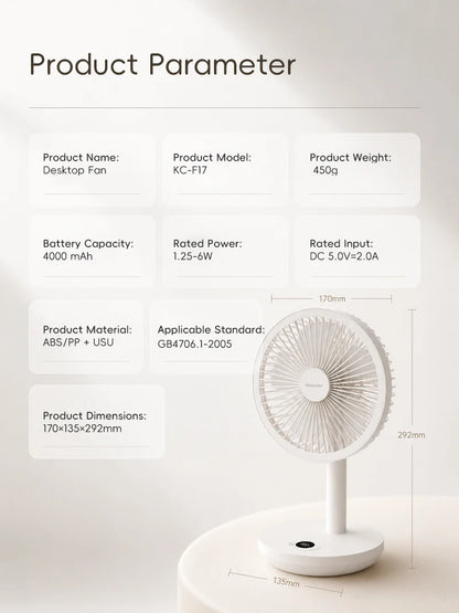 BLDC Oscillating Desktop Fan 4000mAh 5 Wind Speeds Silent Portable Rechargeable Fan with Timing Function for Home Room Gift
