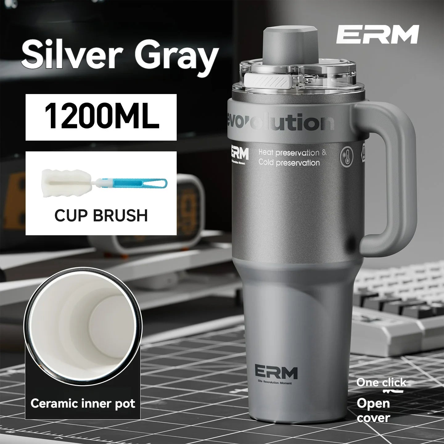 1200ML Extra Large Tumbler Ceramic Drinkware Stainless Steel Water Bottle Insulated Vacuum Flask Straw & Handle Leakproof Mug