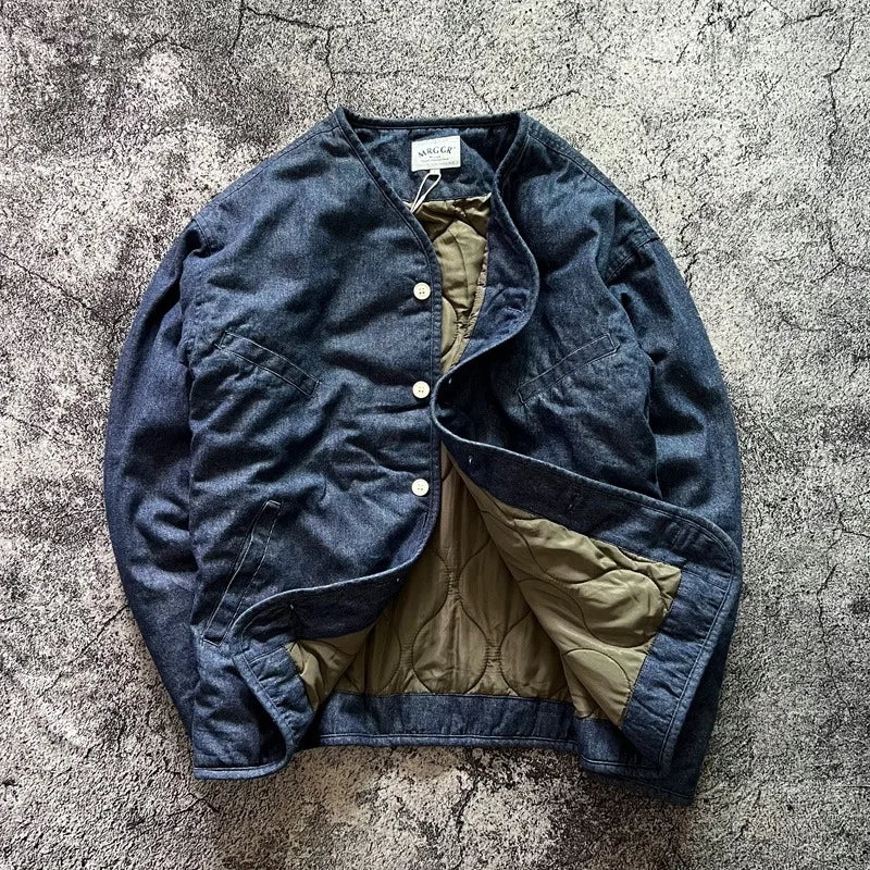 Retro Japanese Sle Thi Warm Autumn Winter Cotton Jaet Casual Versatile Denim Outerwear Stand Collar Men's Clothing