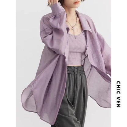CHIC VEN Women Thin Shirt Long Sleeve Casual Loose Slightly Transparent Cool Blouses Woman Solid Design Female Top Summer 2026