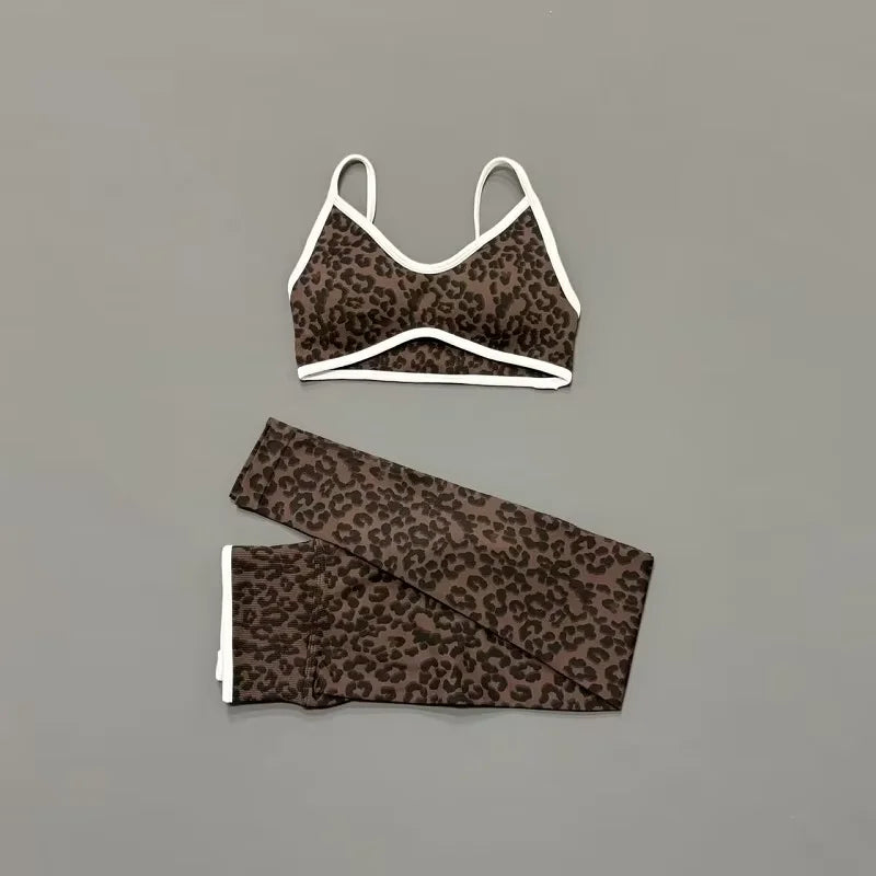 2 Pcs Fitness Sets Women Leopard Print Contrast Edge Removable Pad Bra Breathable Squat Proof Pants Suit Sports Workout Set