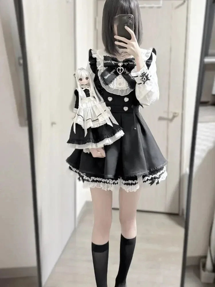 Japanese Y2 Aesthetics Vintage Bow Dress Shorts Set Women Gothic Lolita Style Long Sleeve Shirt Dress Elegant Party Dress Suits