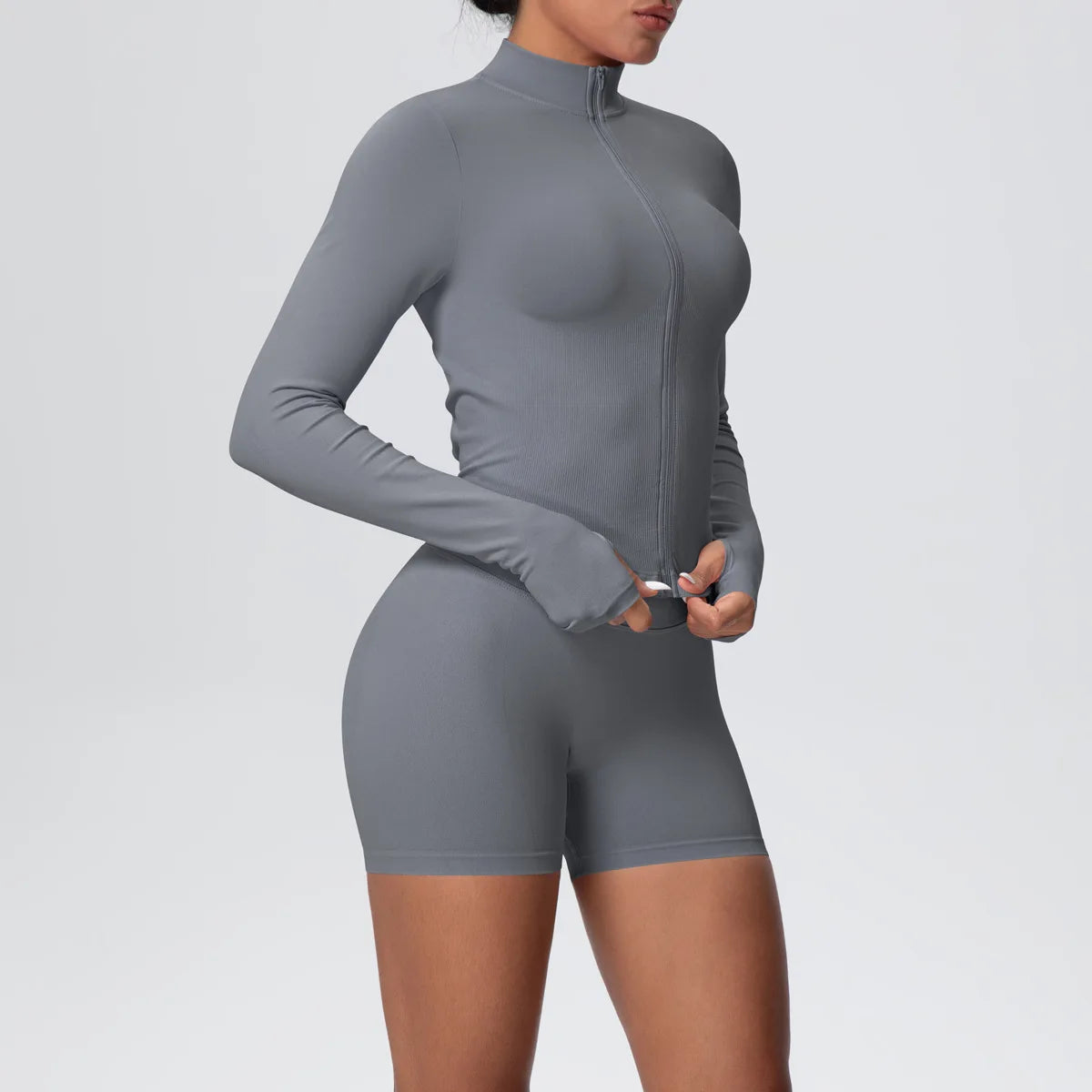 Women Gym Set - Seamless Yoga Suit With Zip Shirt & Cycling Shorts Activewear