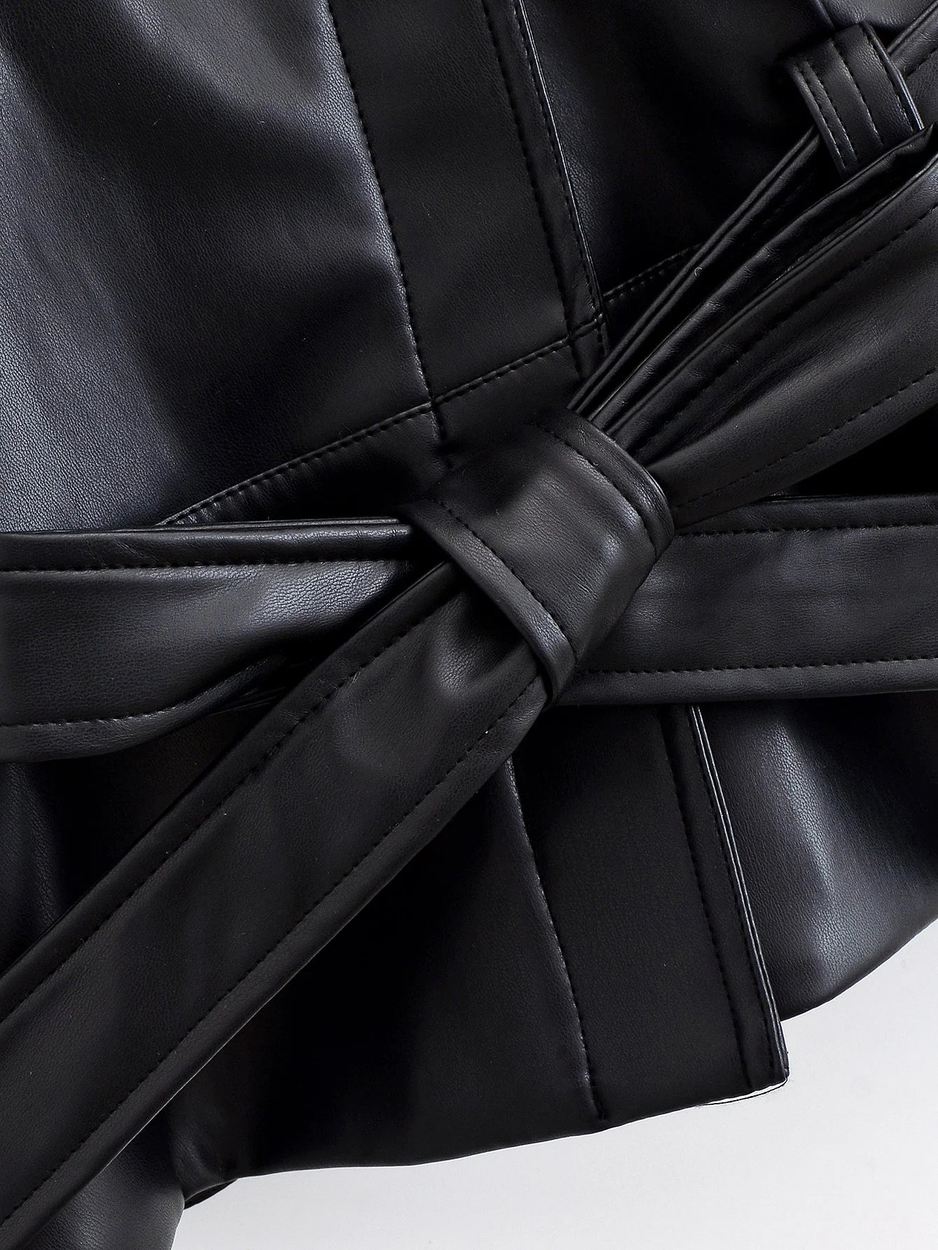 Faux Leather Trench Coat - Women's Black Belted Lapel Jacket With Zipper Closure