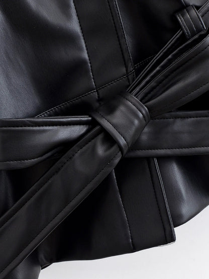 Faux Leather Trench Coat - Women's Black Belted Lapel Jacket With Zipper Closure