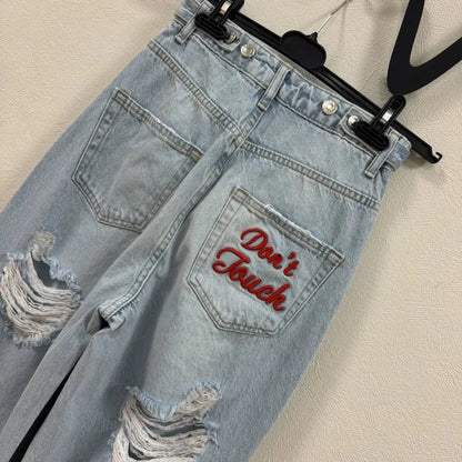 Y2K Gothic Men's Black Distressed Jeans White Thorn Floral Print Wide Leg Baggy Denim Pants Streetwear Casual Trousers