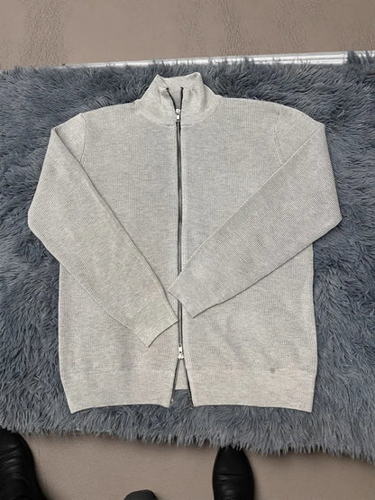 Asian size Autumn Winter Men Loose Casual Knit Sweater Zipper Semi High Neck Long Sleeve Cardigan Lazy Comfortable Warm Top