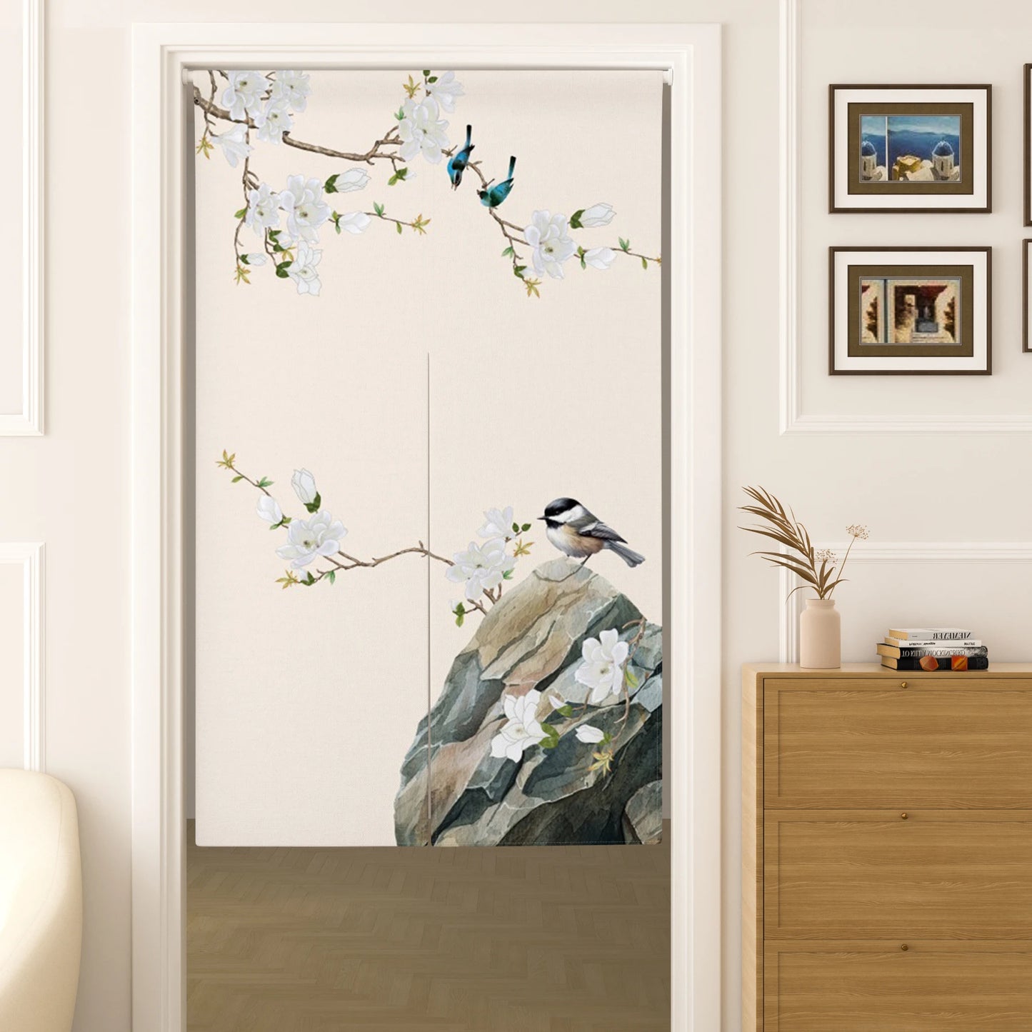 Japanese Door Curtain - Cherry Blossom Curtain With Kanagawa Wave Design | Linen Door Panel