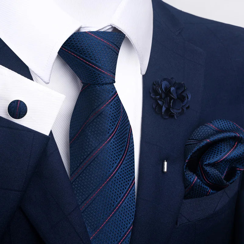 Luxury Mens Floral Black Gold Tie Set - Paisley Necktie Pocket Square Cufflinks  Brooch for Weddings and Parties