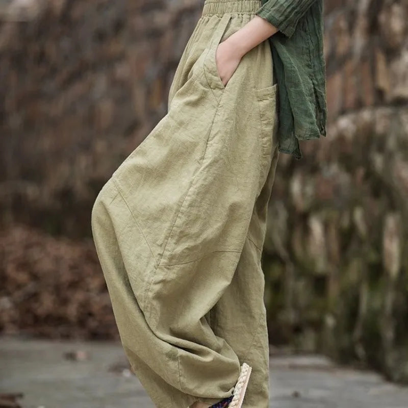 Elegant Women's Cotton Linen Baggy Cargo y2k Pants Vintage Elastic Waist Trousers Loose Casual Long Wide Leg Oversize Clothes