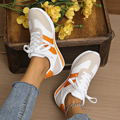 Women's Lightweight Fashion Sneakers Comfort Non Slip Casual Sports Shoes Woman Orange Striped Mesh Breathable Platform Sneakers