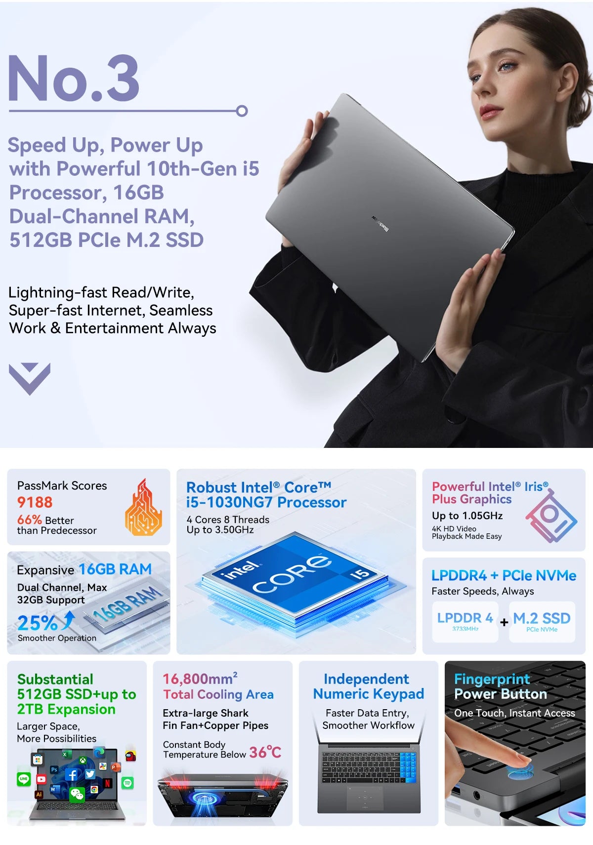 Blackview AceBook Laptop - 16 Inch Windows 11 Notebook, 16GB RAM, 512GB SSD, IPS Display