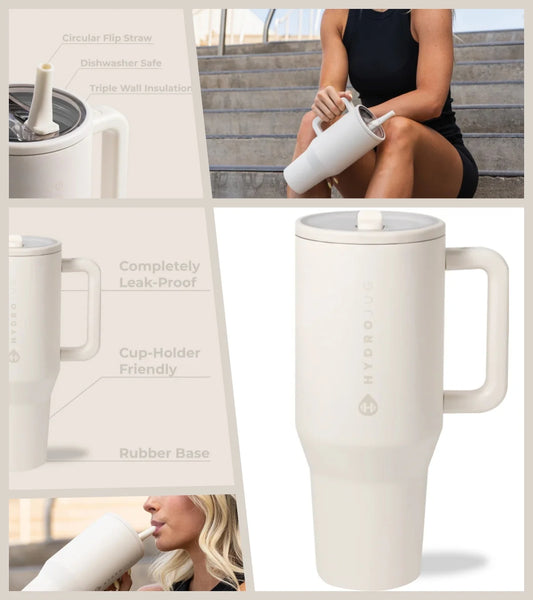 40oz Insulated Tumbler with Handle – Flip-Straw Stainless Steel Travel Cup