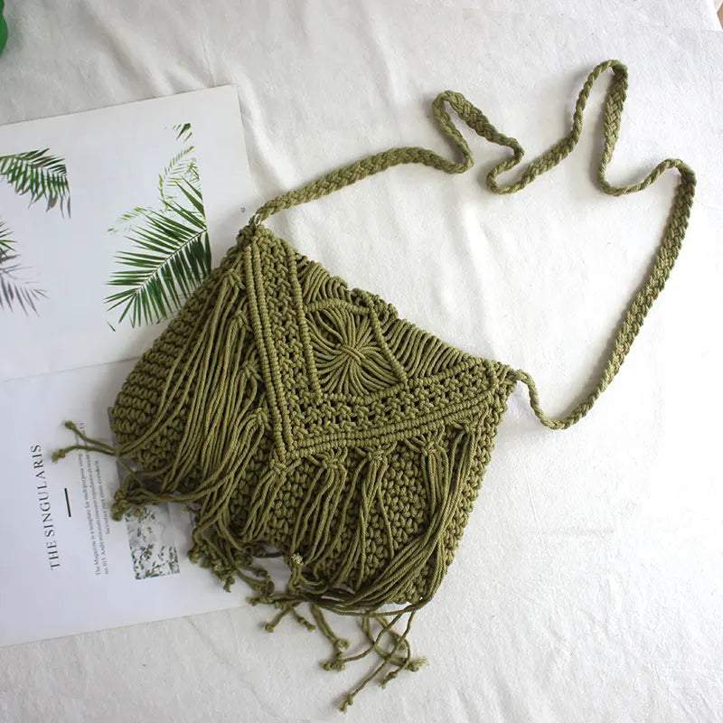 Handmade Cotton Crossbody Bag - Vintage Tassel Shoulder Messenger for Women Summer Beach Handbag 2023