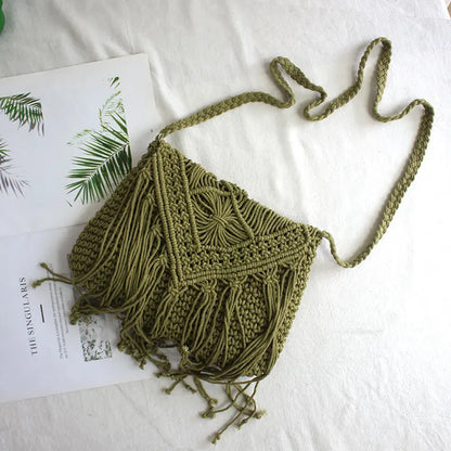 Handmade Cotton Crossbody Bag - Vintage Tassel Shoulder Messenger for Women Summer Beach Handbag 2023