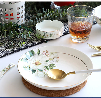 Bone China Dinnerware Set - Floral Ceramic Plates Bowls  Soup Pots