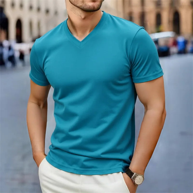 Men's V-Neck T-Shirt - Casual Summer Breathable Short Sleeve Tee, Lightweight Top
