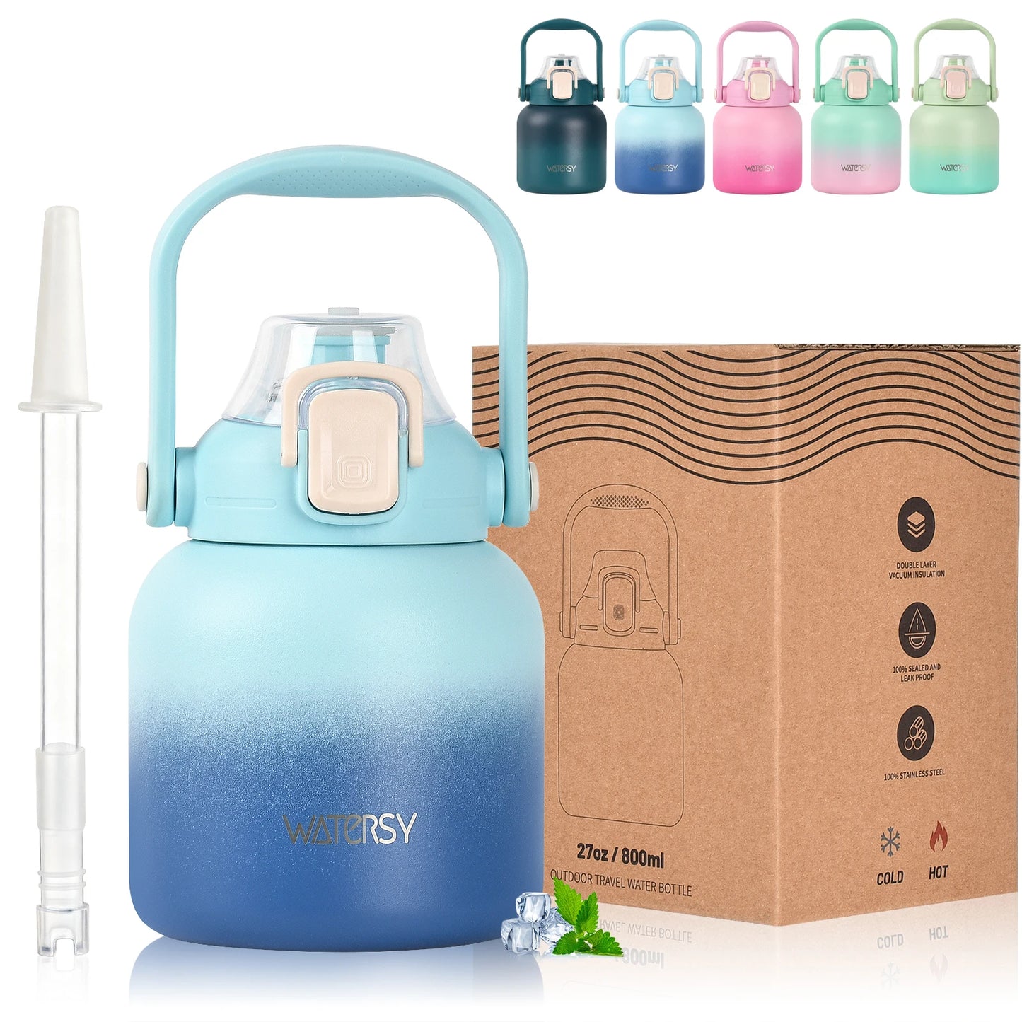 WATERSY 800ml Stainless Steel Water Bottle Double Wall Vacuum Insulated Thermal Cup with Straw & Handle, for Travel Gym Office