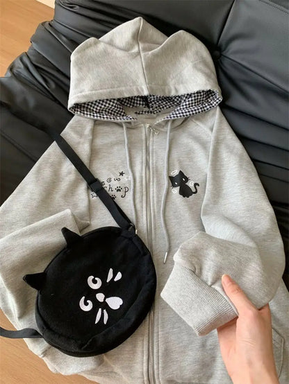 Zipper Hoodie Gothic Cartoon Kawaii Cat Ear Y2k Jacket Zip Up Thin Coat Spring Autumn Cute Core 2000s Clothes Fall Sweatshirts
