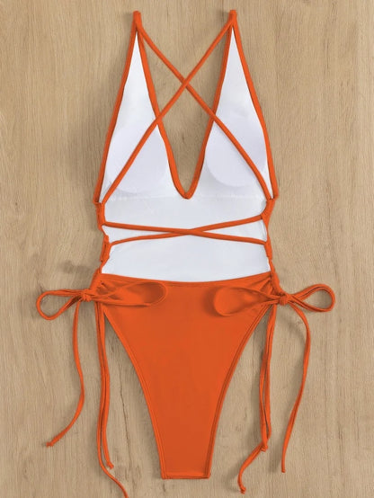 Fashion Solid Deep V Neck One Piece Swimsuit Women Yellow White Hollow Out Pleate Swimwear Beach Bandage Bathing Suit Monokini