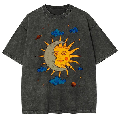 Men's Oversized T-Shirt - Retro Printed Tee With Moon And Sun Print, Breathable Cotton