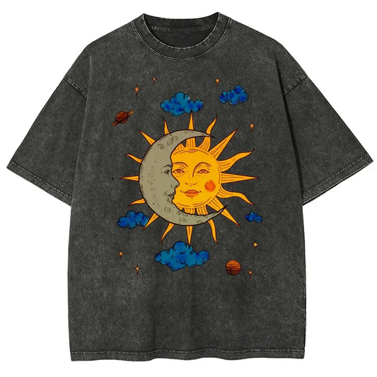 Men's Oversized T-Shirt - Retro Printed Tee With Moon And Sun Print, Breathable Cotton