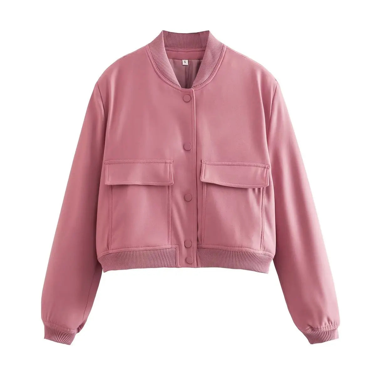 Women Bomber Jacket - Solid V Neck Single Breasted Polyester Coat With Pockets