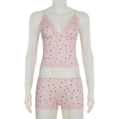 Women Two-pieces Pajamas Set Pink Floral Lace Patchwork Sleepwear Sleeveless Camisoles and Slim Cute Shorts Loungewear