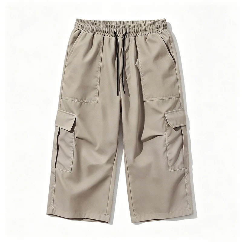 2026 New Men Multi Pocket Cargo Capri Shorts Loose Fit Daily Street Travel Outdoor Casual Drawstring Waist Cropped Short Pants