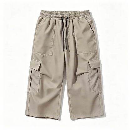 2026 New Men Multi Pocket Cargo Capri Shorts Loose Fit Daily Street Travel Outdoor Casual Drawstring Waist Cropped Short Pants