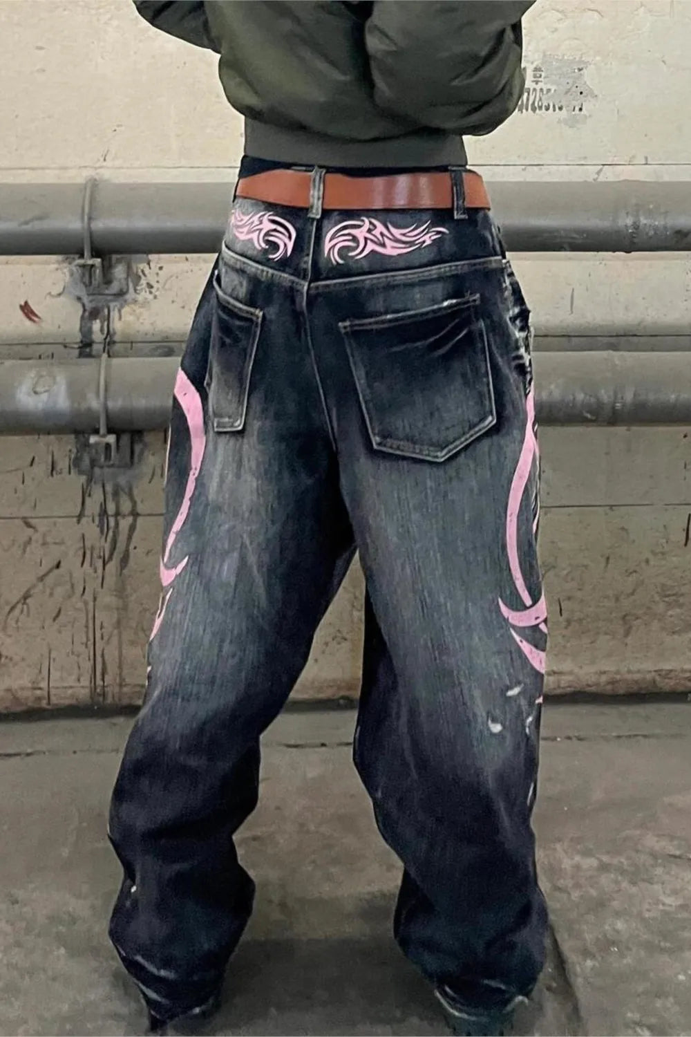 Men's Mottled Totem Print Jeans American Style Old Washed Wide Leg Retro Loose Fashion Trend Wide Leg Jeans Goth Pant Y2K Unisex