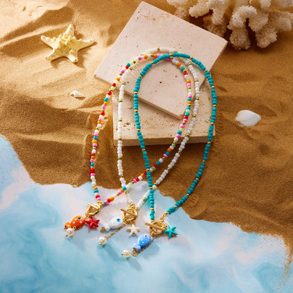 Bohemian Ceramic Fish & Starfish Pendant Necklaces for Women Men Colorful Rice Beaded Chain Necklaces Lightweight Beach Jewelry