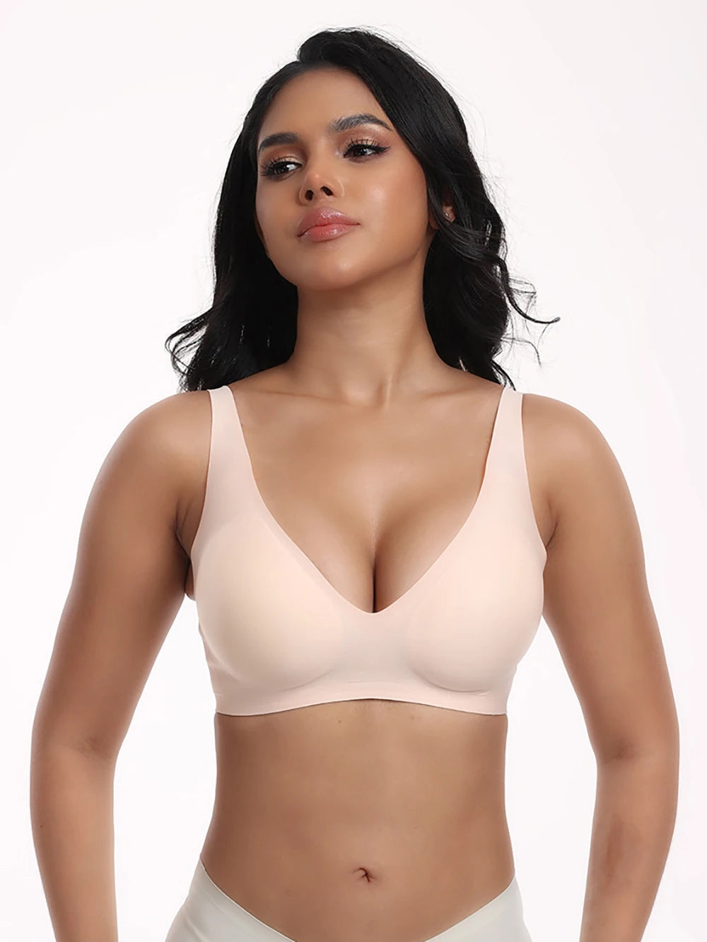Jelly Wireless Bra Deep V Push Up Seamless T-Shirt Comfortable Plunge No Underwire Bras with Adjustable Straps Everyday Bras