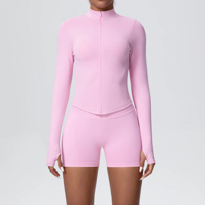 Women Gym Set - Seamless Yoga Suit With Zip Shirt & Cycling Shorts Activewear