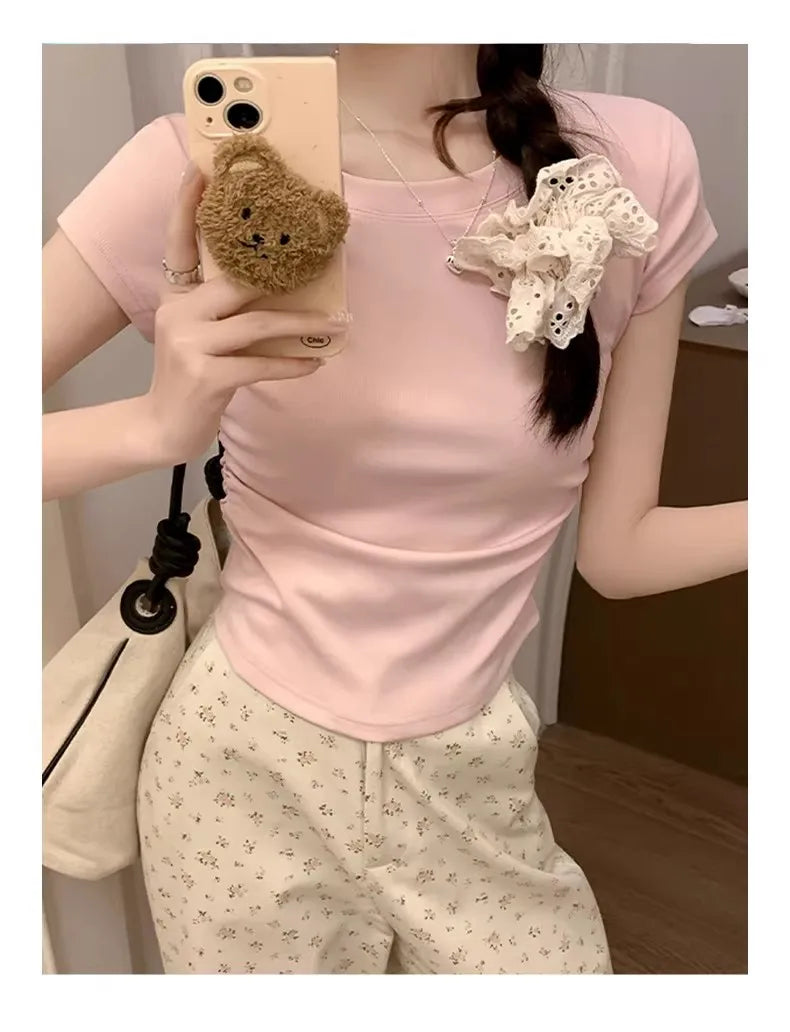 Women's Basic Solid Crop Top Short Sleeve Crewneck Skinny T-shirt Summer Casual Y2K Vintage Harajuku Streetwear