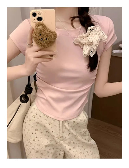 Women's Basic Solid Crop Top Short Sleeve Crewneck Skinny T-shirt Summer Casual Y2K Vintage Harajuku Streetwear