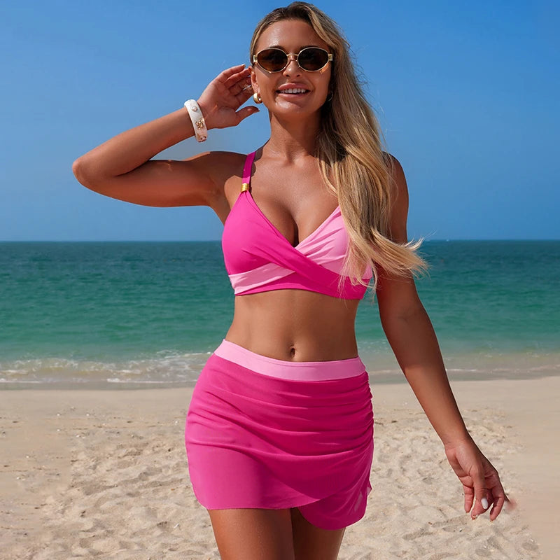 Women Middle Waist Bikini Sets Swim Bra And Shorts With Skirt Adult Patchwork Fashion Newest Bathing Suit Summer Beach Swimsuit