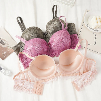 Women's Push Up Half Cup Bras French Lace Floral Bralette Thicken Bottom Gathered Underwire 36-42 A/B Cup Small Chest Underwear