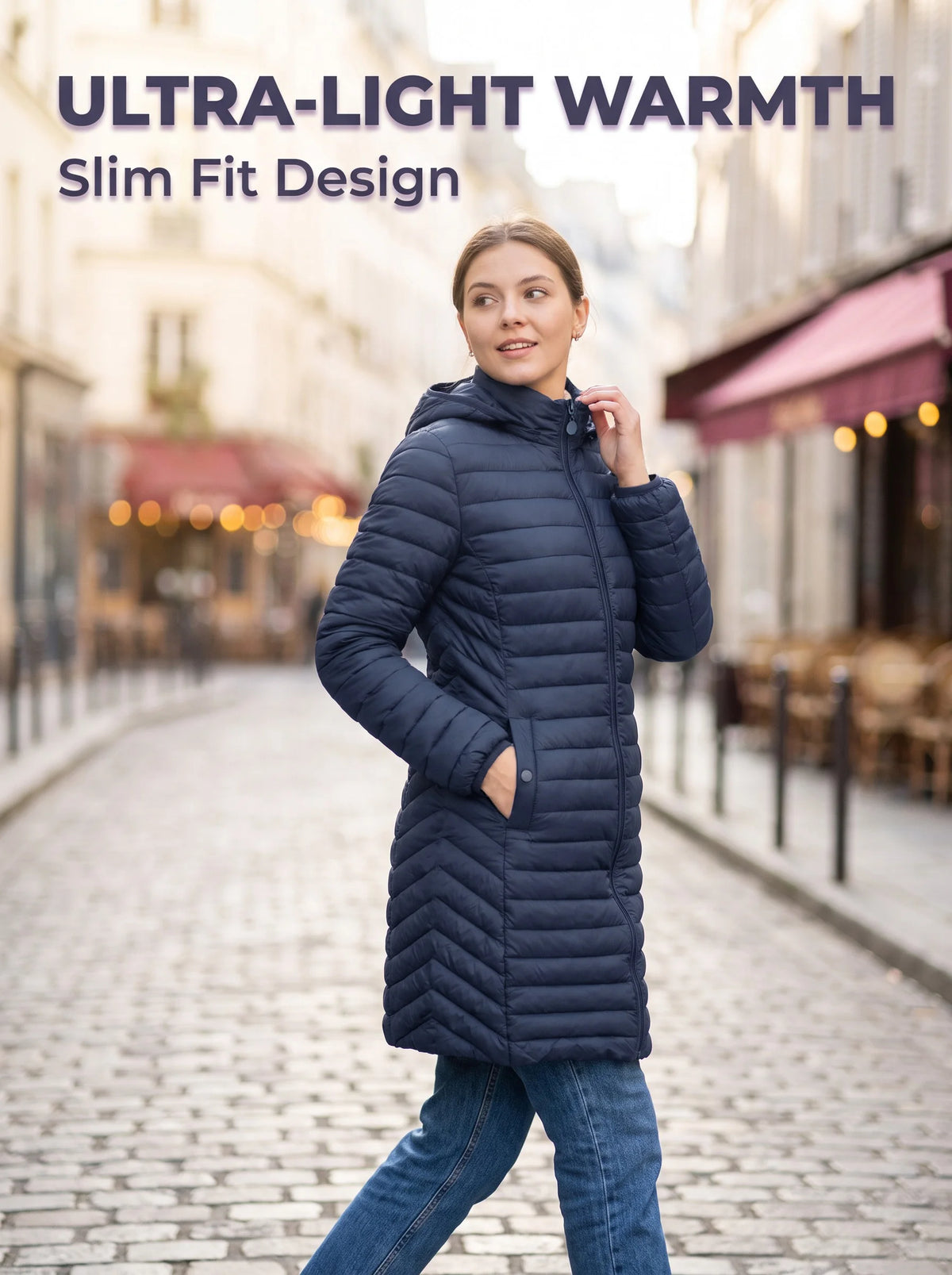 Ultralight Packable Puffer Coat for Women Long Warm Loose Solid Outwear with Detachable Hood