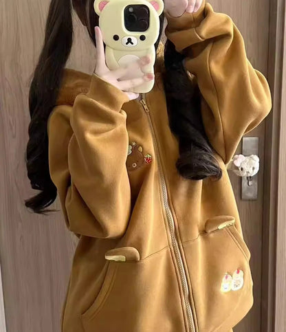 Original Japanese Style Soft Girl Hooded Rilakkuma Jacket for Women Cute Versatile Fleece Lined Thickened Sweatshirt