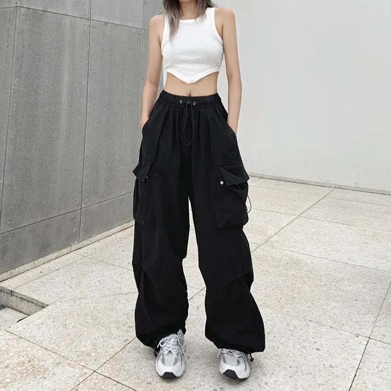 American retro workwear casual pants women's summer versatile straight leg hanging feeling ankle tied pants loose wide leg pants