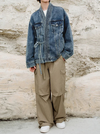 2025 Spring Stylish Denim Jackets for Mens Streetwear Fashion Irregular Wrap V Neck Jean Cardigan Men Vintage Lace-up Jean Coat