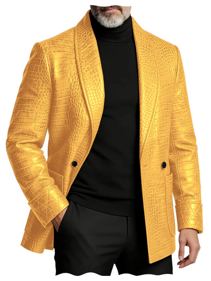 Men's Crocodile Embossed Leather Blazer Double Breasted Business Casual Brown Jacket Office Wear Formal Plus Size  Suit Coat