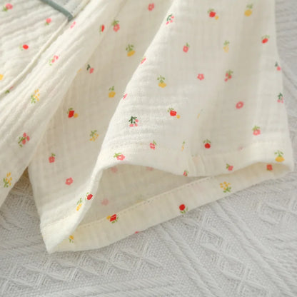 Pajamas pure cotton three-piece set spring and summer thin crepe autumn gauze lapel short-sleeved trousers shorts loungewear set