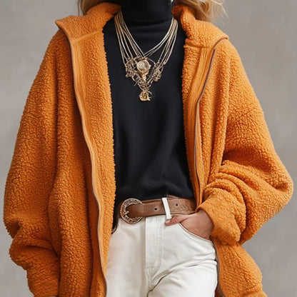 Women Loose Teddy Fleece Coat Hooded Zip Up Solid Orange Warm Sherpa Outerwear Fall Winter Daily Street Casual Jacket