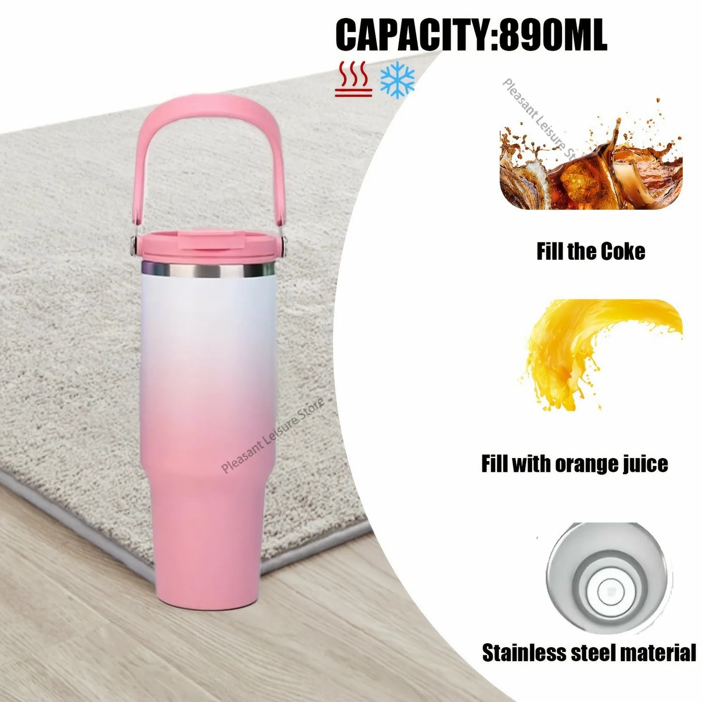 890ML Stainless Steel Thermos Cup Travel Thermos Water Bottle with Straw Keep Cold and Hot Car Coffee Cup Portable Vacuum Flask