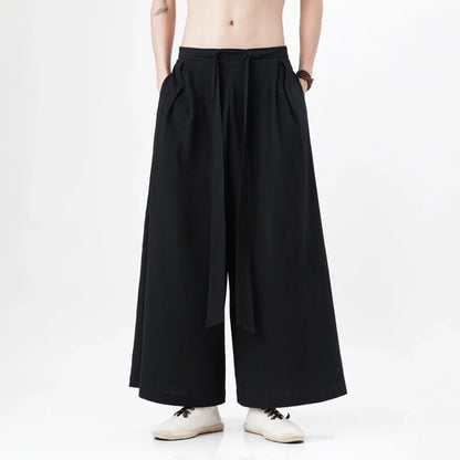 Chinese Style Linen Cotton Retro Pants Man Summer Kimono  Solid Color Traditional Pants Male Streetwear Casual Wide-Leg Trousers